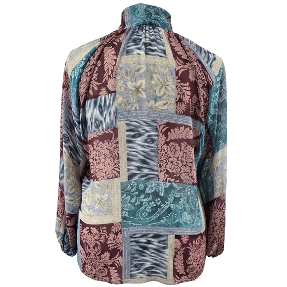 Coldwater Creek Animal Print Floral Patchwork Sheer Tie Neck Henley Blouse Boho - Picture 2 of 8